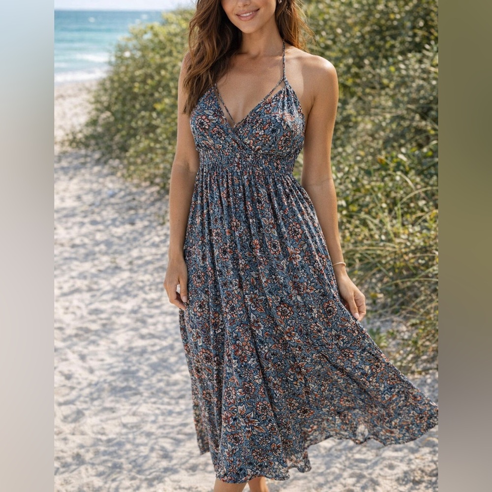 Blush Blue Floral Halter Smocked Maxi Dress with Rust Accents